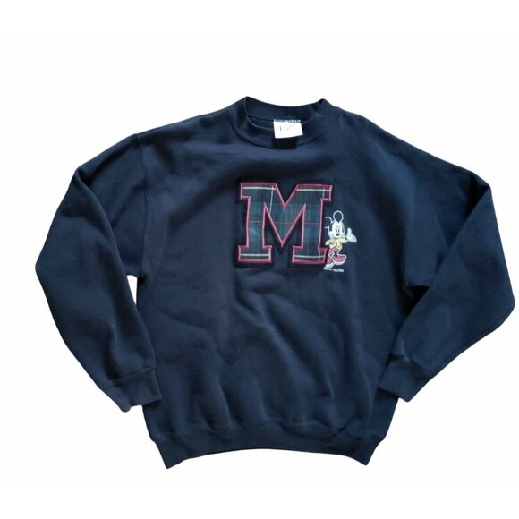 Vintage Velva Sheen Mickey Mouse sweatshirt Large black USA Plaid Patch Graphic - Picture 1 of 9